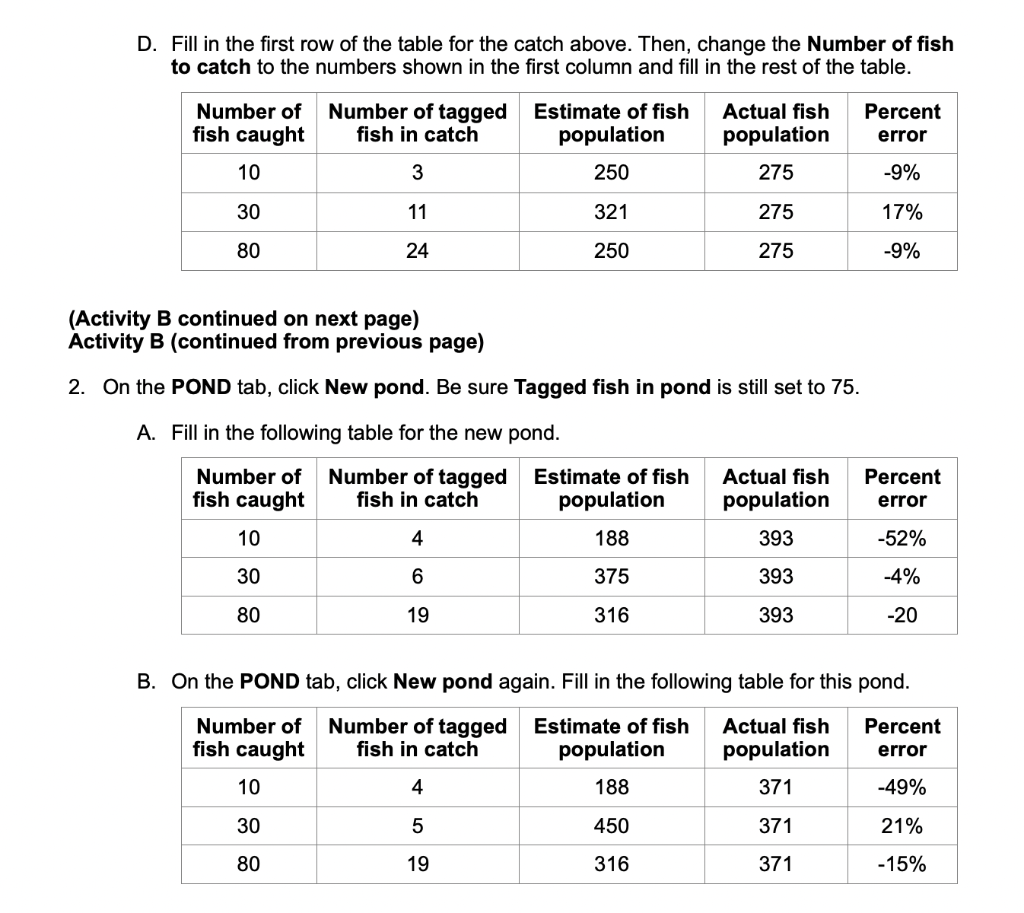 Solved D. Fill in the first row of the table for the catch Chegg