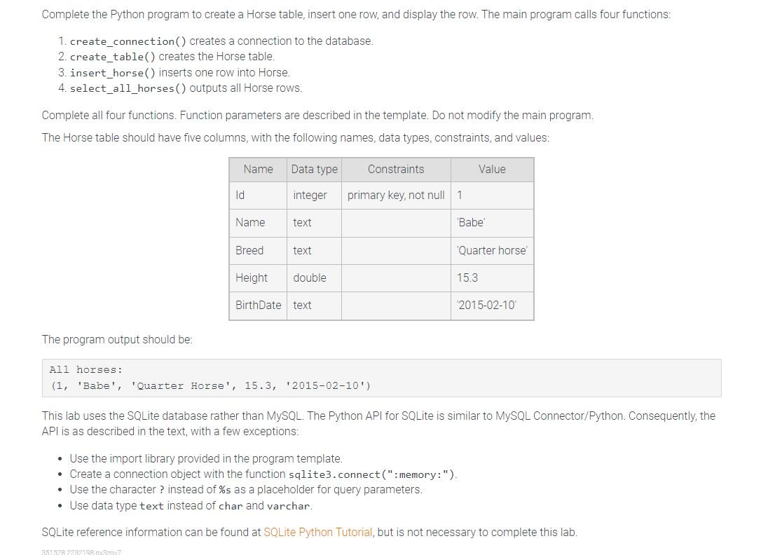 Solved Complete the Python program to create a Horse table, | Chegg.com