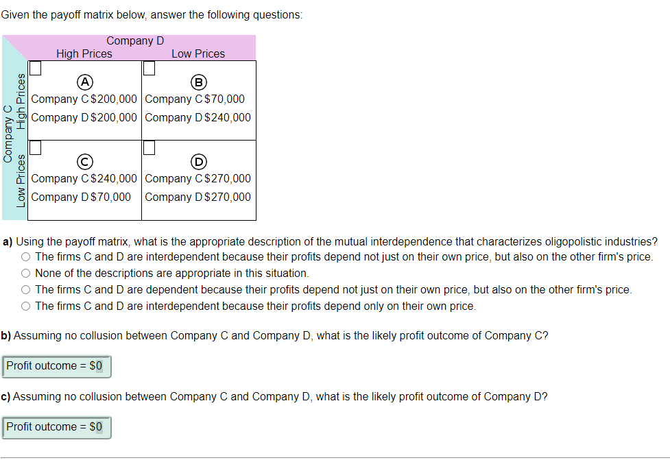 Solved Given The Payoff Matrix Below, Answer The Following | Chegg.com