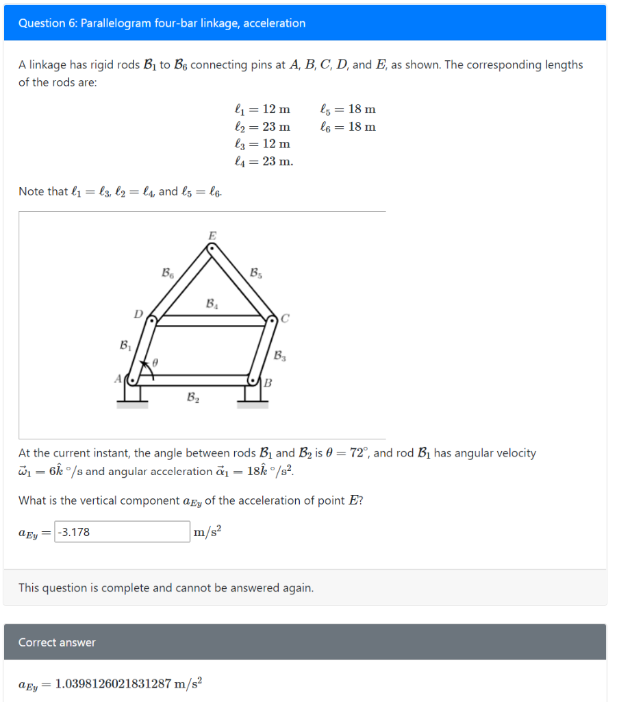 Solved Parallelogram fourbar linkage, acceleration A