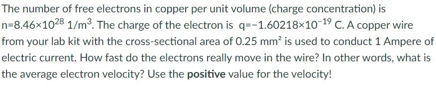 number of free electrons per unit volume in copper