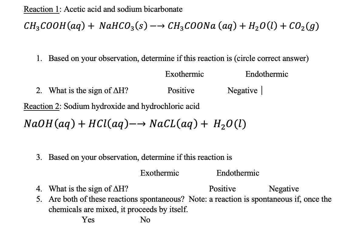 Solved Reaction 1 Acetic Acid And Sodium Bicarbonate Chegg