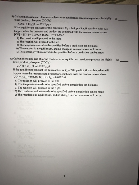 Solved 9) Carbon monoxide and chlorine combine in an | Chegg.com