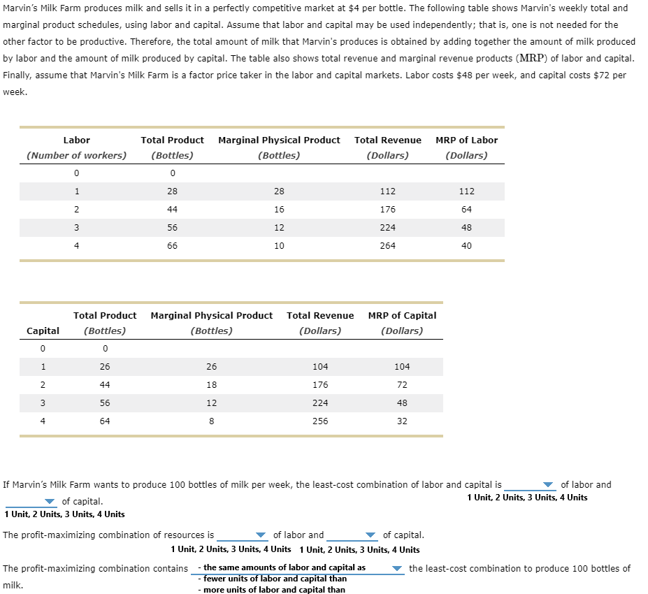 Solved Marvin’s Milk Farm produces milk and sells it in a