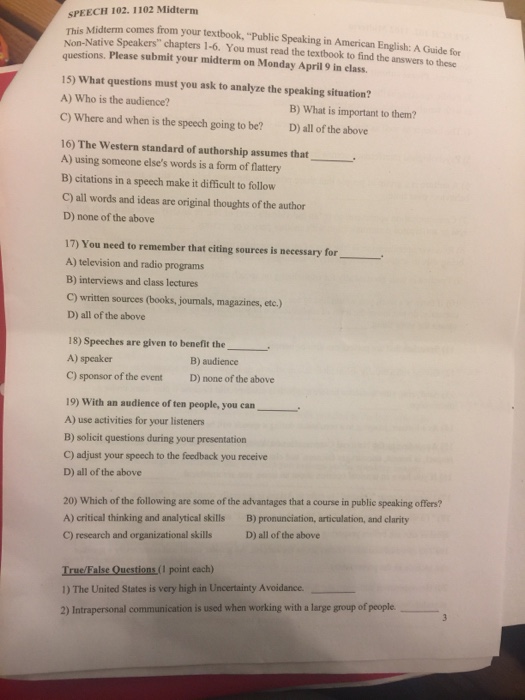 SPEECH 102 1102 Midterm This Midterm Questions Chegg