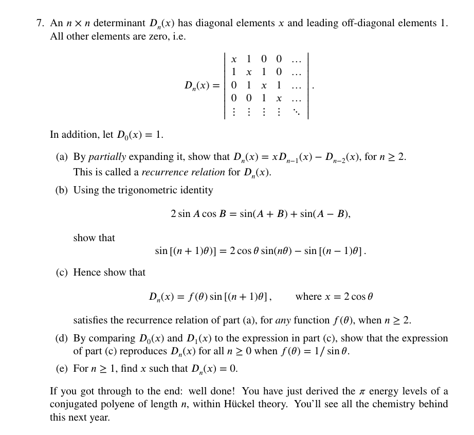 7. An n x n determinant D, (x) has diagonal elements | Chegg.com