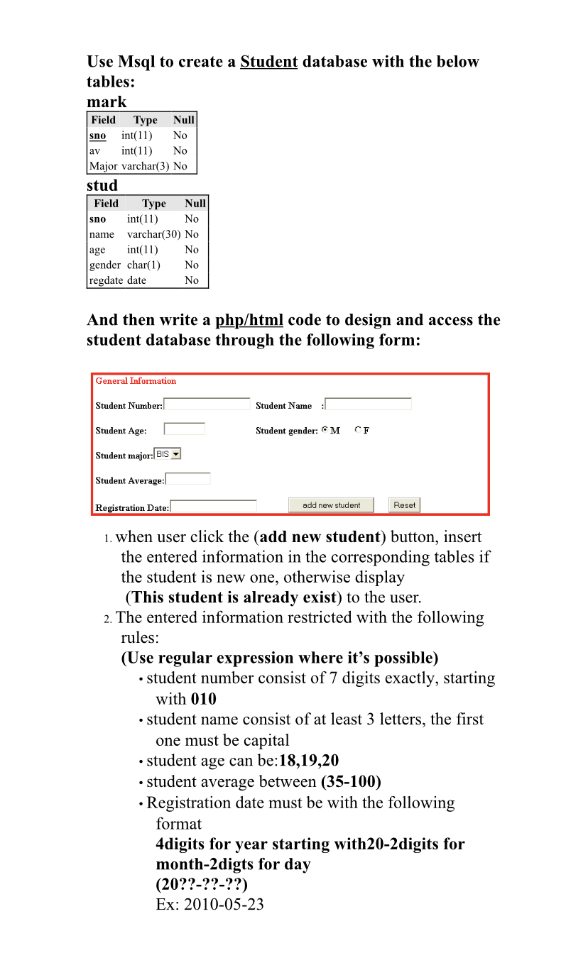 Use Msql to create a Student database with the below | Chegg.com