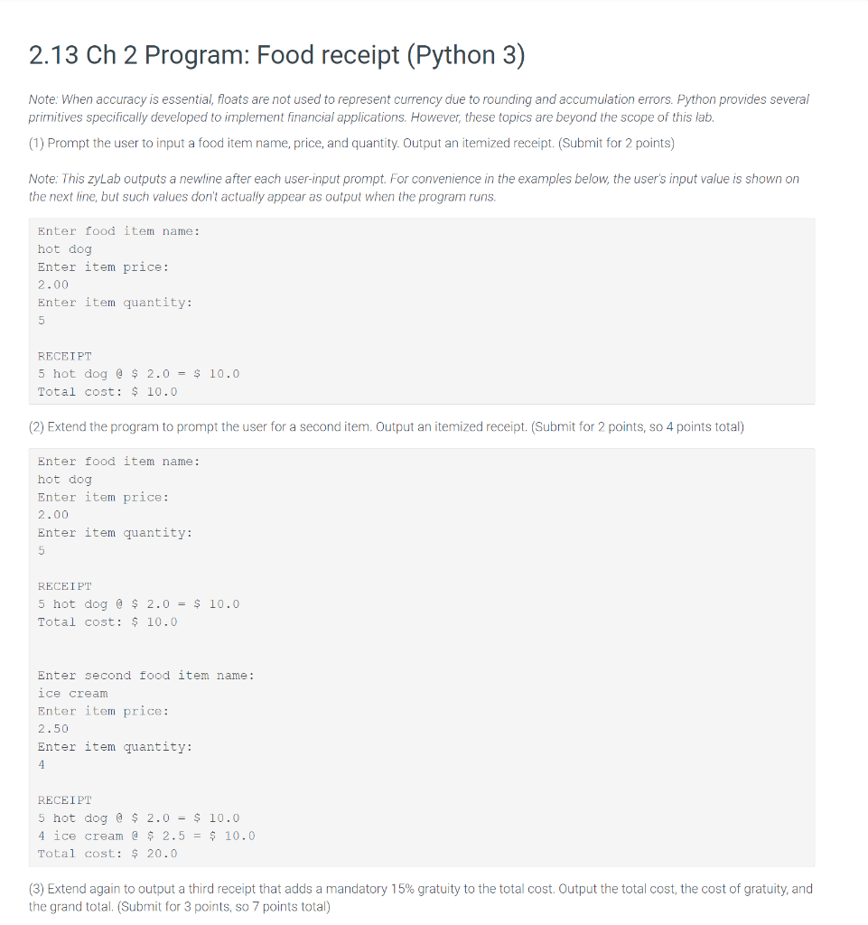 Solved 2.13 Ch 2 Program: Food receipt (Python 3) Note: When | Chegg.com