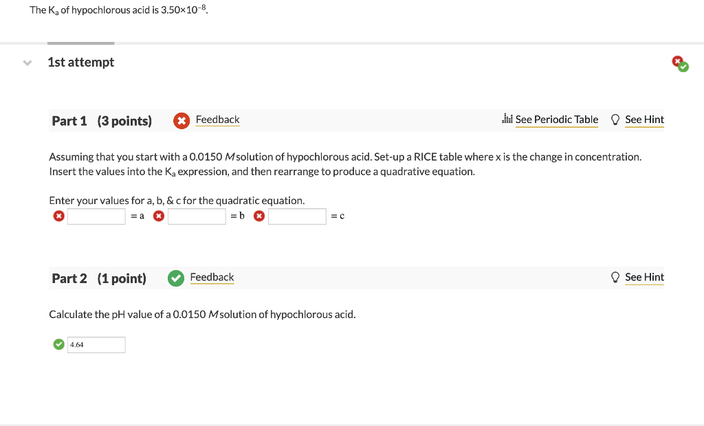 Solved The Ka of hypochlorous acid is 3.50x10-8 1st attempt | Chegg.com