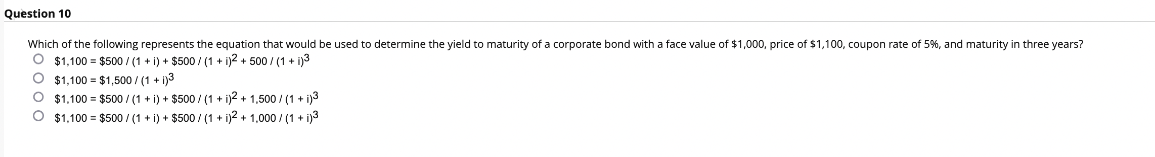 Solved $1,100=$500/(1+i)+$500/(1+i)2+500/(1+i)3$1,100=$1,500 | Chegg.com