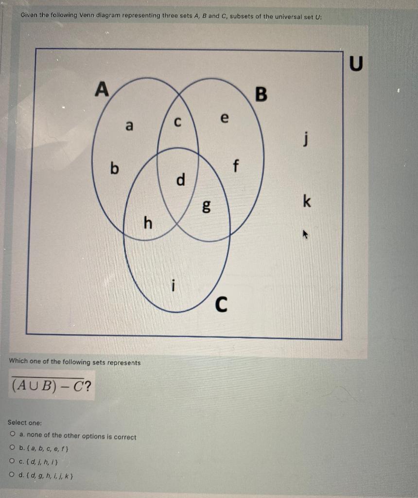 Solved Given the following Venn diagram representing three | Chegg.com