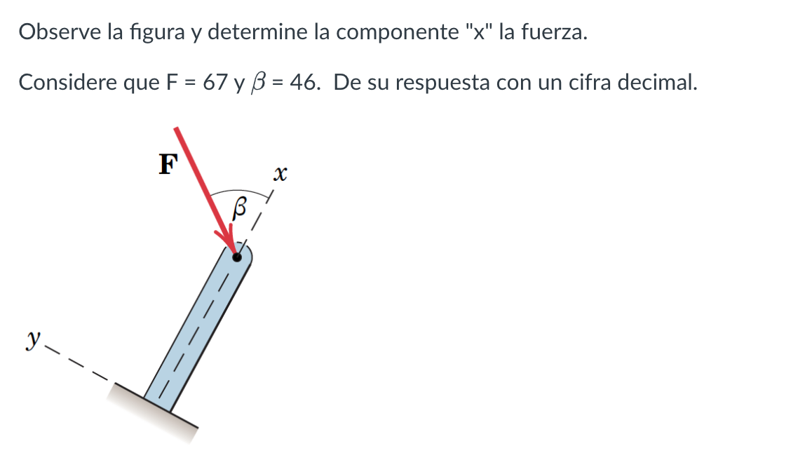 Observe la figura y determine la componente x la fuerza. Considere que \( \mathrm{F}=67 \) y \( \beta=46 \). De su respuest