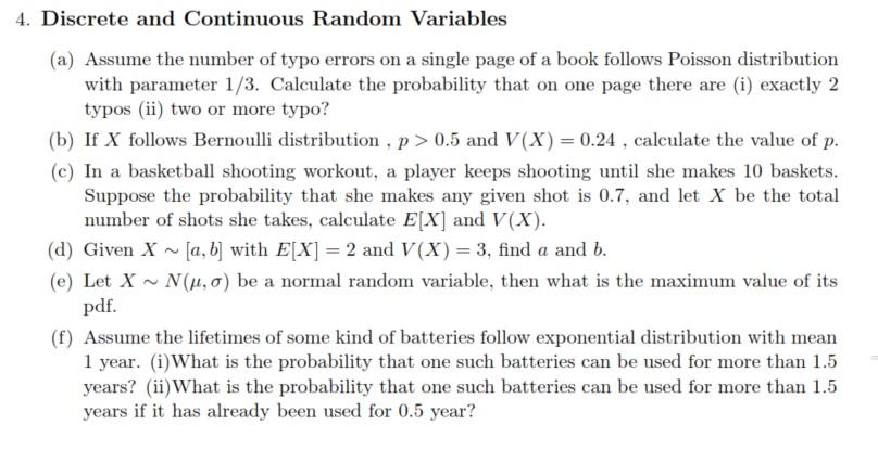Solved 4. Discrete and Continuous Random Variables (a) | Chegg.com