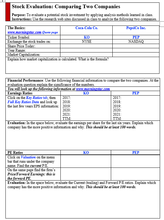 Stock Evaluation: Comparing Two Companies Purpose: To | Chegg.com