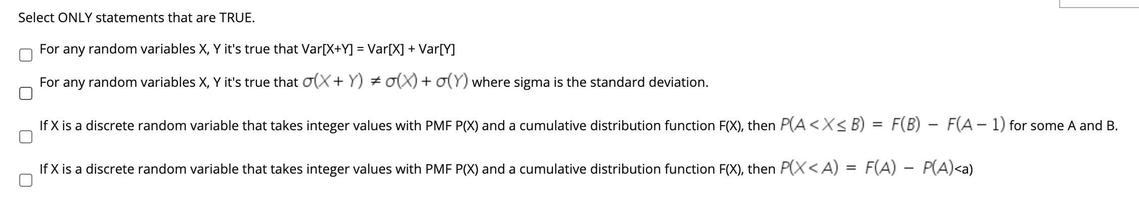 Solved Select ONLY statements that are TRUE. For any random | Chegg.com