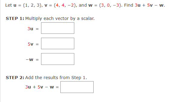 Solved Let U=(1,2,3),v=(4,4,−2), And W=(3,0,−3). Find | Chegg.com