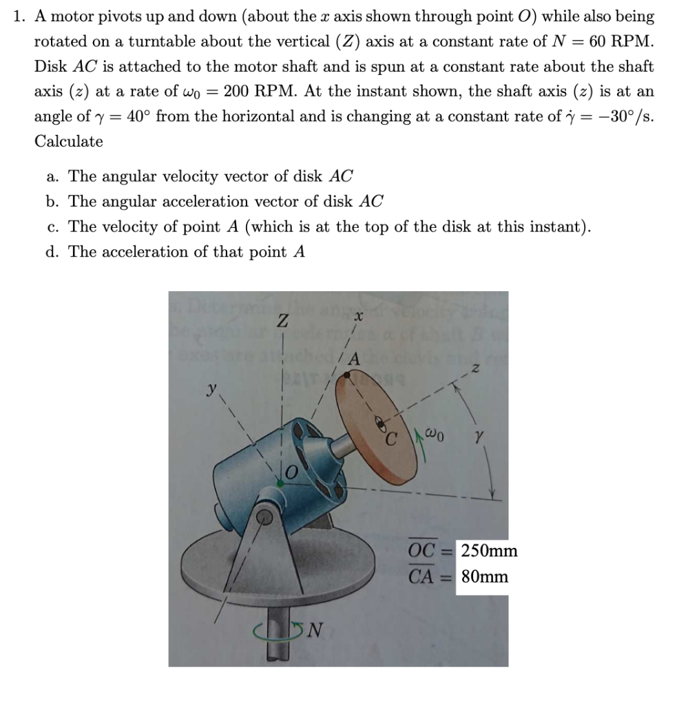 Solved 1. A motor pivots up and down (about the x axis shown | Chegg.com