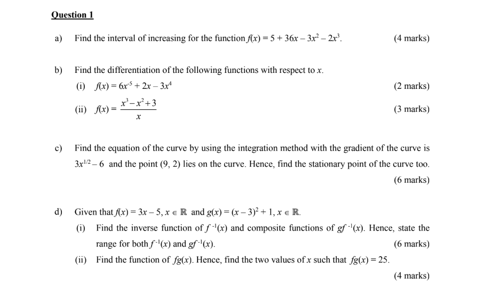 Solved Question 1 a) Find the interval of increasing for the | Chegg.com
