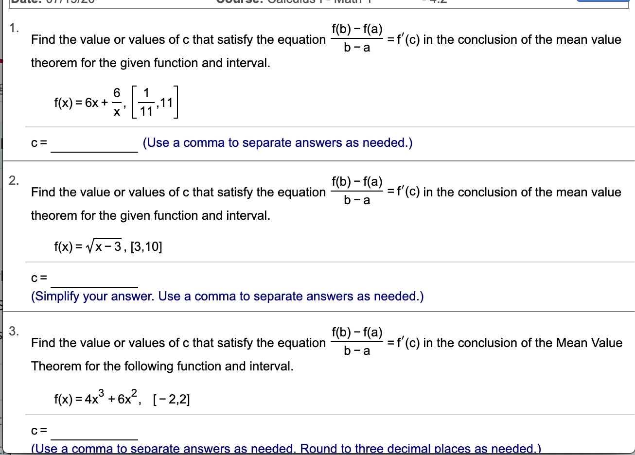 Solved 1. Find the value or values of c that satisfy the | Chegg.com