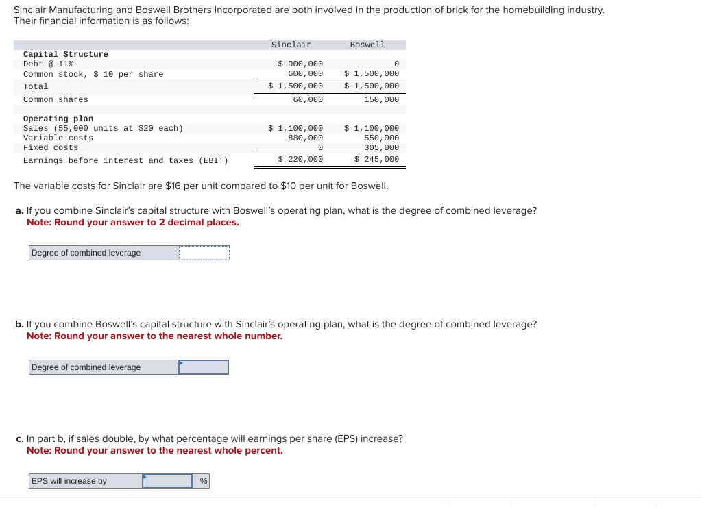 Solved Sinclair Manufacturing and Boswell Brothers | Chegg.com