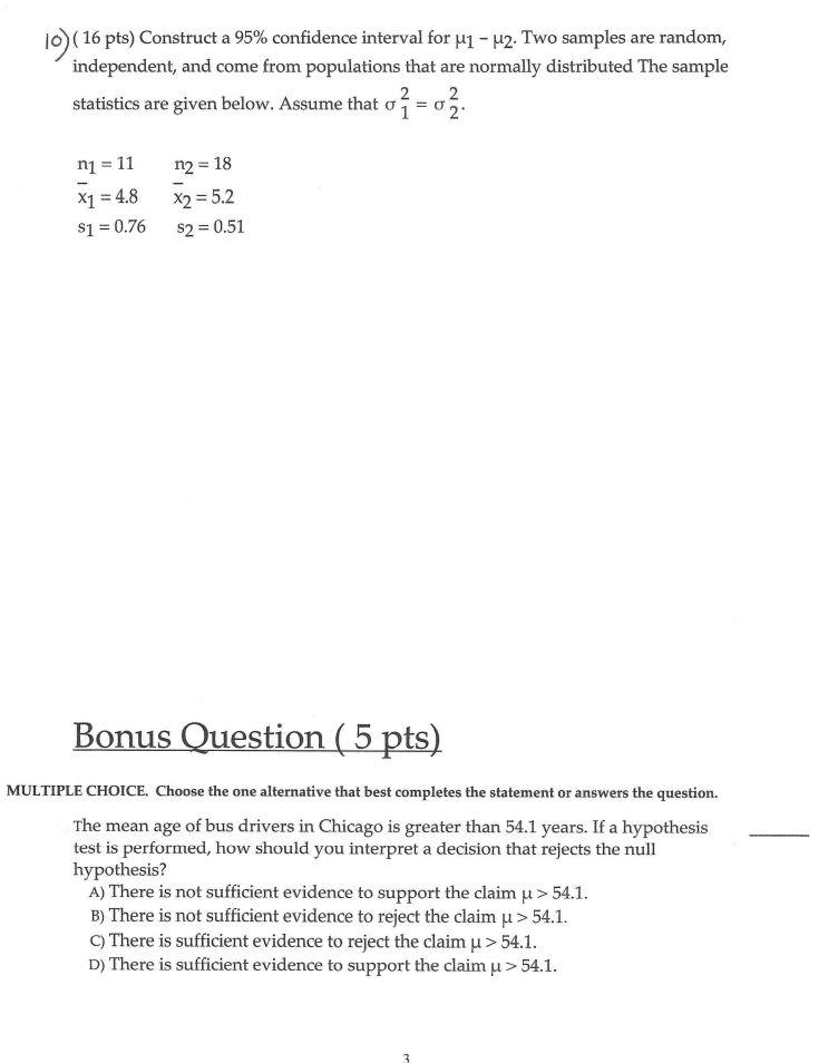 Solved 10) (16 pts) Construct a 95% confidence interval for | Chegg.com