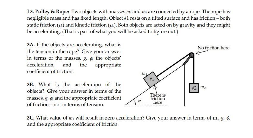 Solved L3. Pulley & Rope: Two objects with masses m. and m2 | Chegg.com