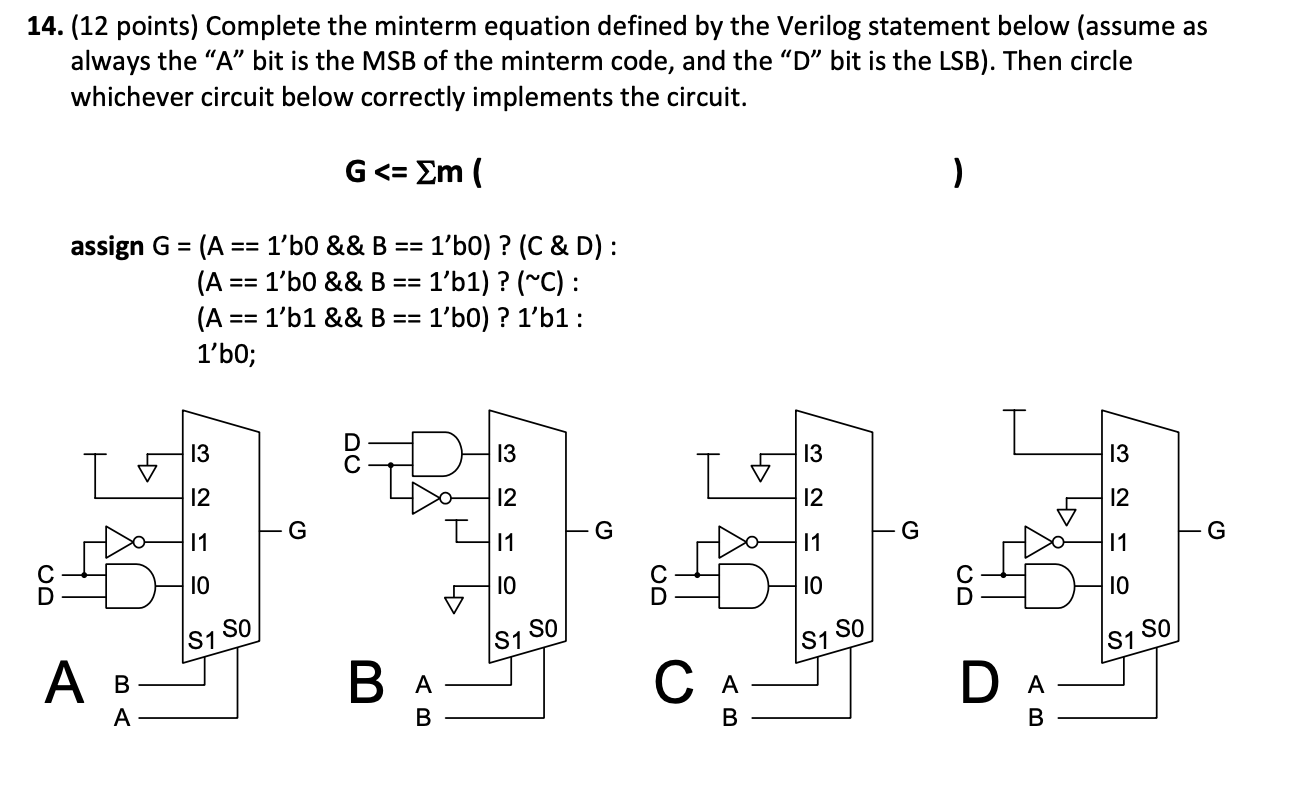 Solved 14. (12 points) Complete the minterm equation defined | Chegg.com