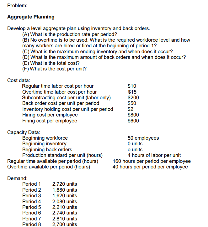 Problem Aggregate Planning Develop A Level Aggregate Chegg Com