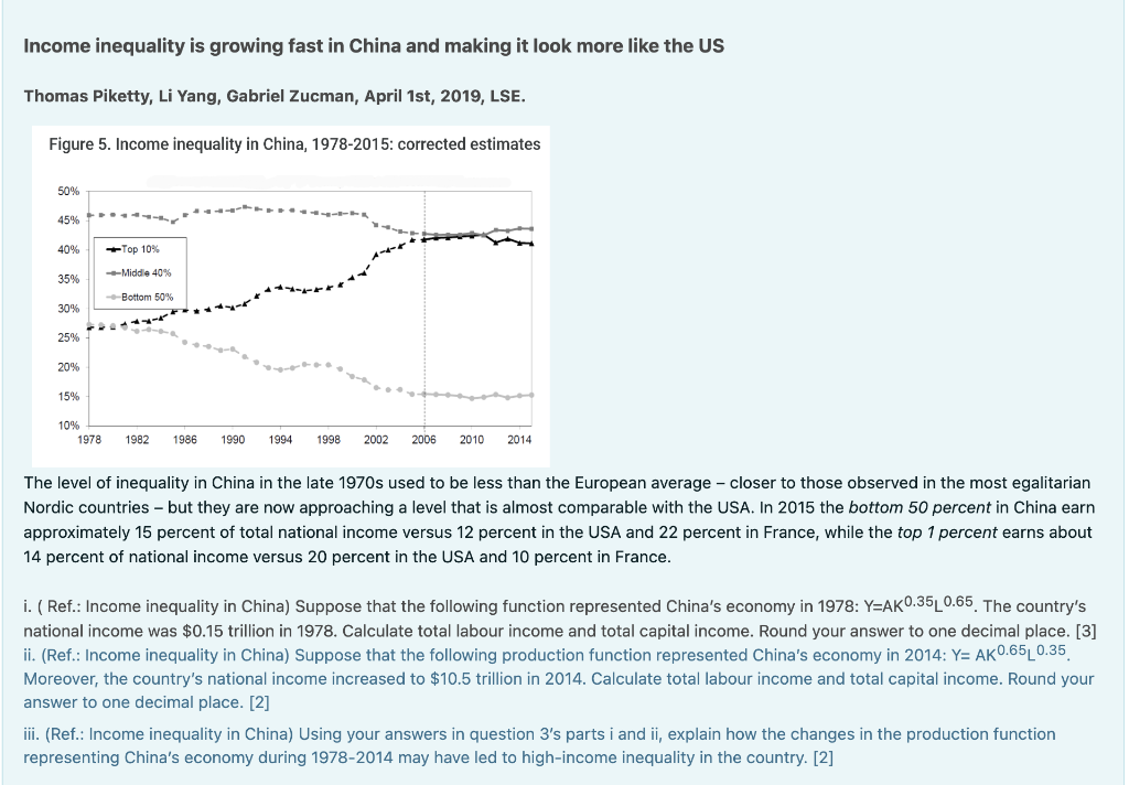 Income inequality is growing fast in China and making | Chegg.com