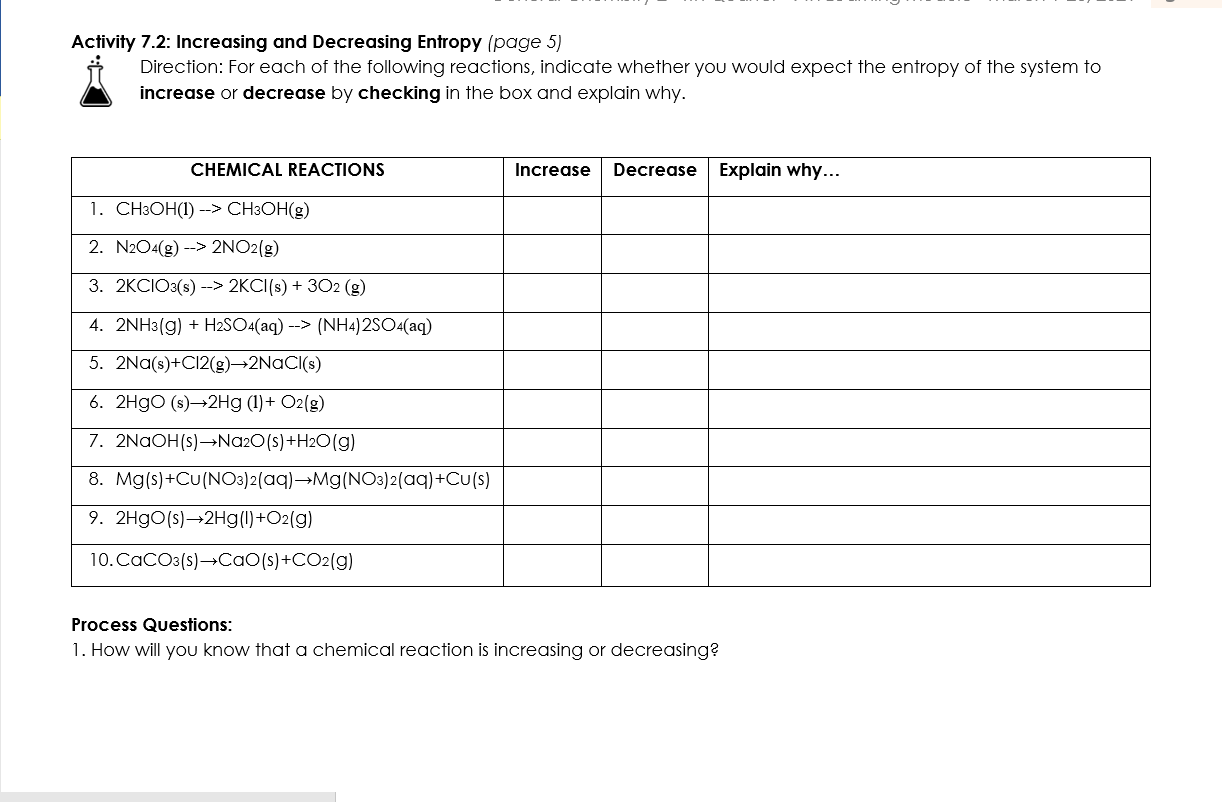 Solved Activity 7.2: Increasing and Decreasing Entropy (page | Chegg.com