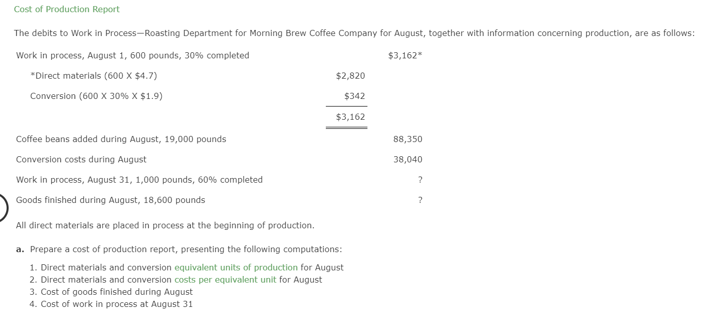Solved Cost of Production Report The debits to Work in
