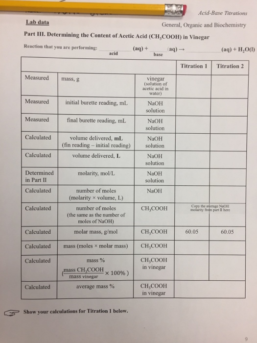 Solved AcidBase Titrations Lab data Part III. Determining