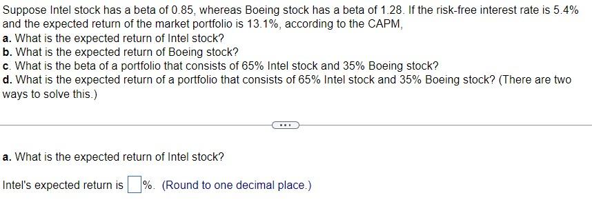 Solved Suppose Intel Stock Has A Beta Of 0.85, Whereas | Chegg.com