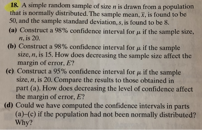 Solved 18. A simple random sample of size n is drawn from a | Chegg.com