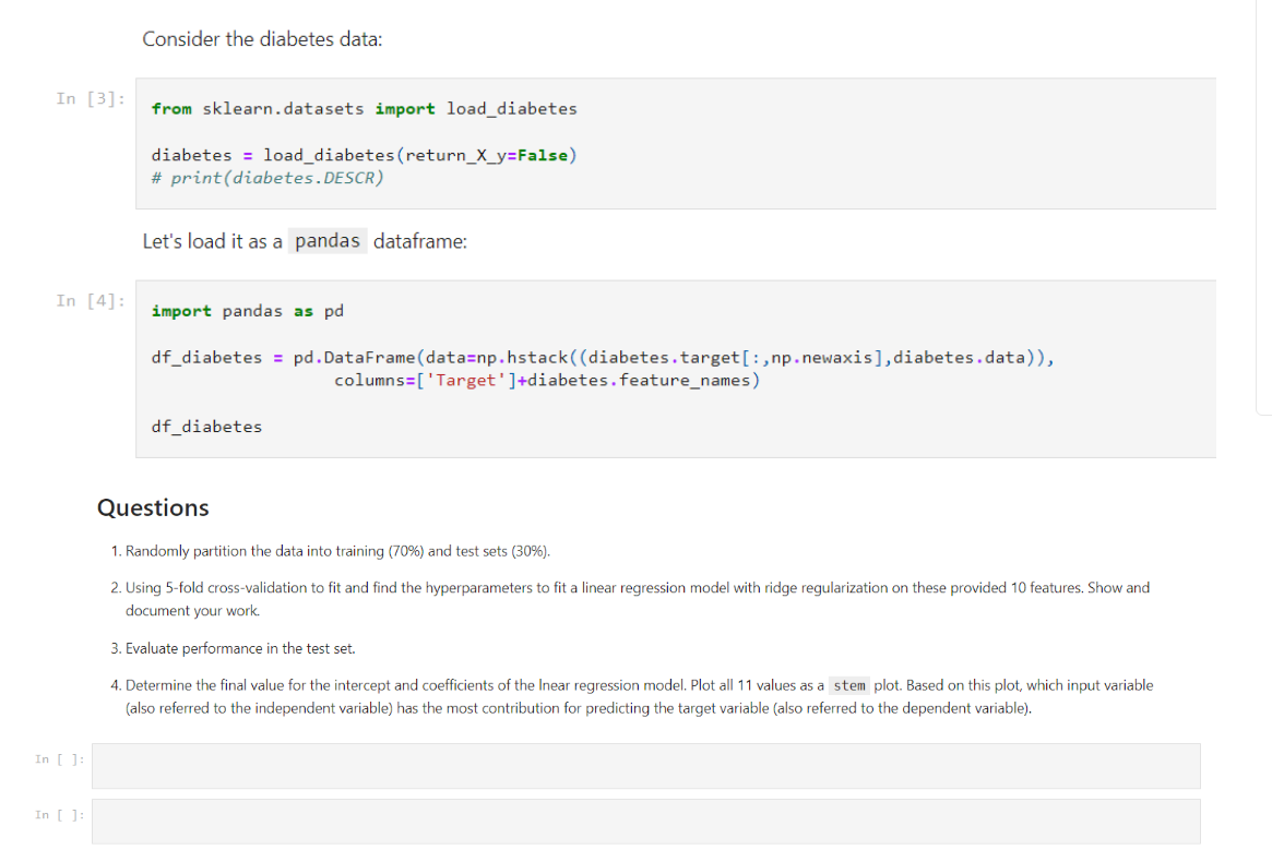 Consider the diabetes data from sklearn.datasets   Chegg.com