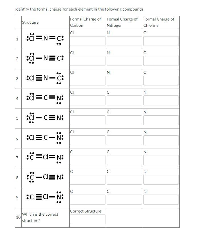 Solved Identify the formal charge for each element in the | Chegg.com