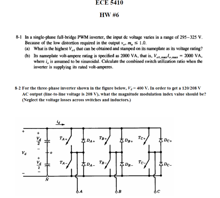 A 3-phase PWM inverter is shown below supplying an