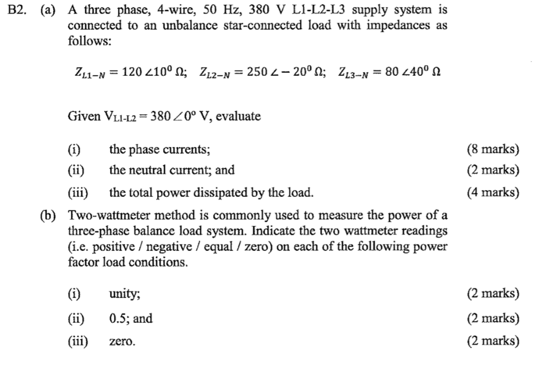 Solved B2. (a) A three phase, 4-wire, 50 Hz, 380 V L1-L2-L3 | Chegg.com