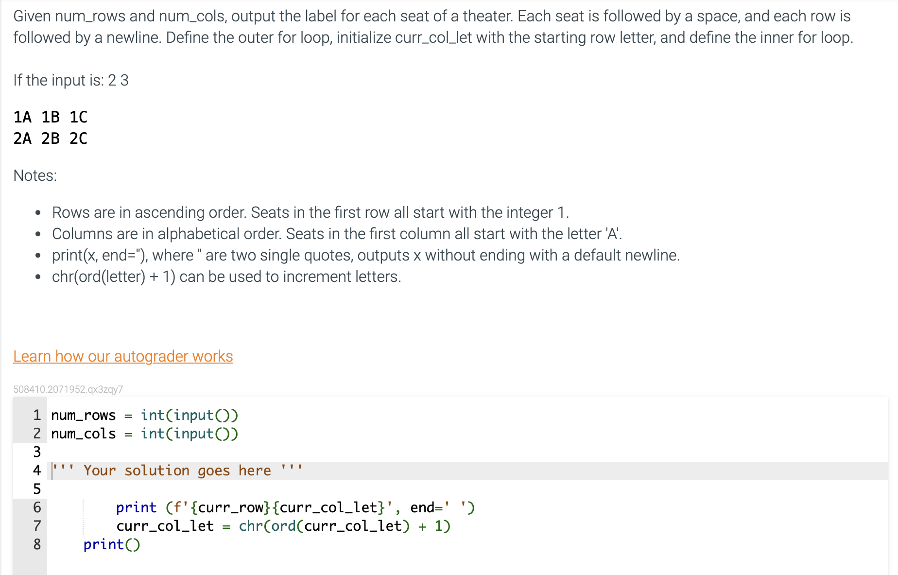 Solved Given num rows and num cols output the label for Chegg