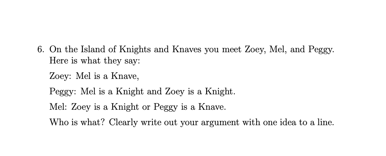 6. On the Island of Knights and Knaves you meet Zoey, | Chegg.com