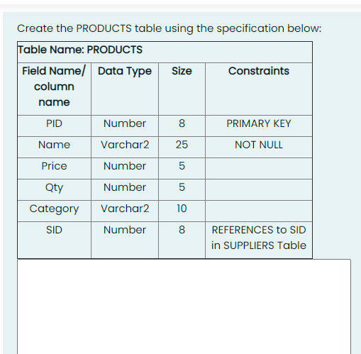 Solved Size Create the PRODUCTS table using the | Chegg.com