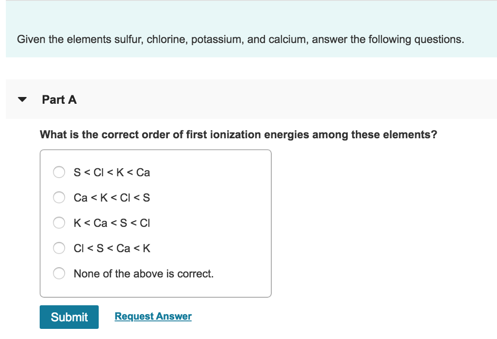 Solved Given the elements sulfur, chlorine, potassium, and