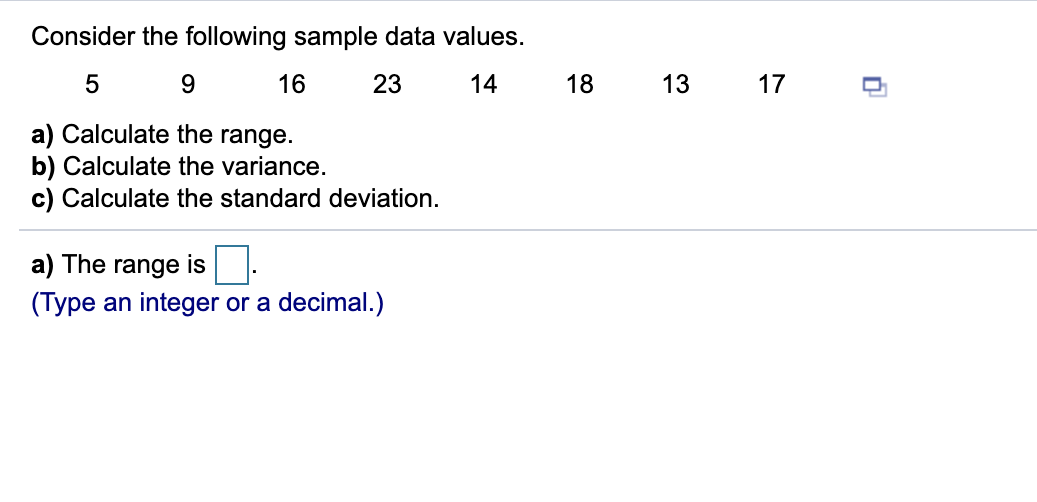 Solved Consider the following sample data values. 9 16 23 14 | Chegg.com