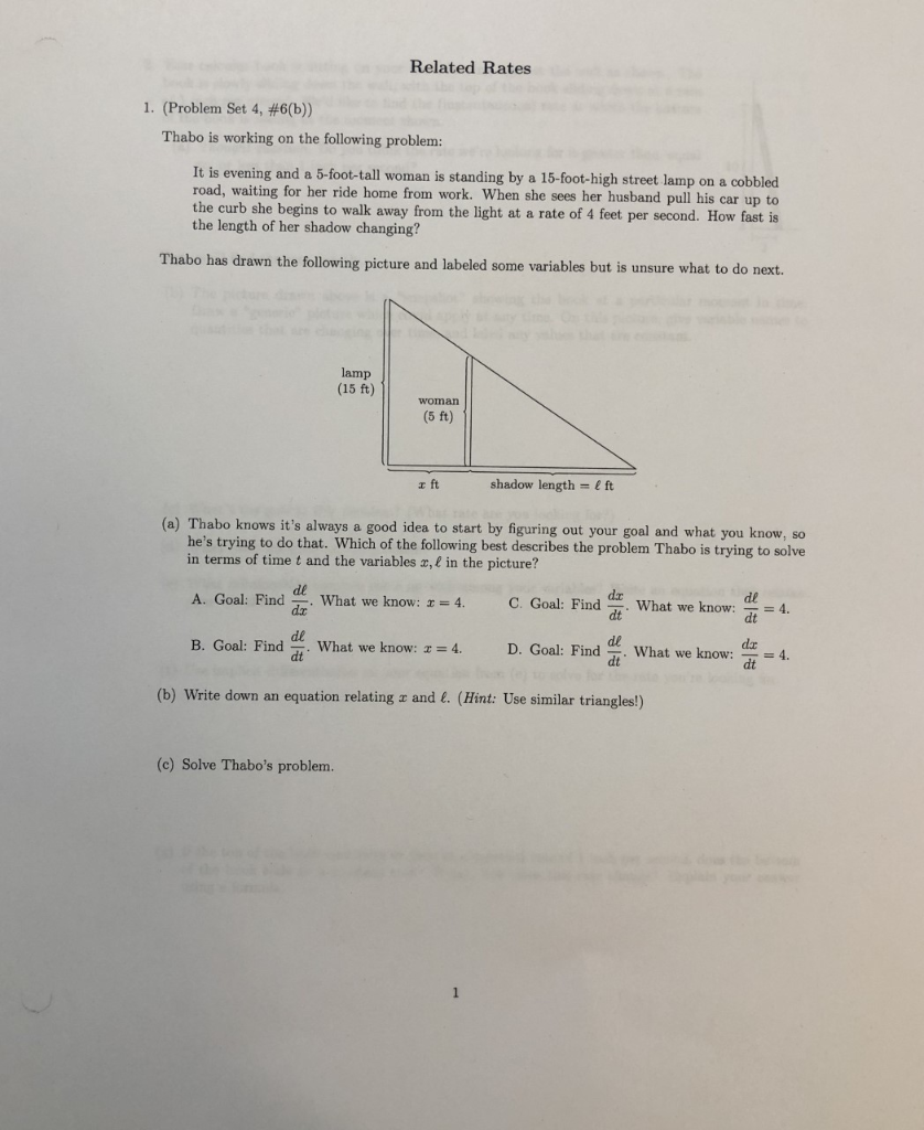 Solved Related Rates 1. (Problem Set 4, # 6 (b)) Thabo is | Chegg.com