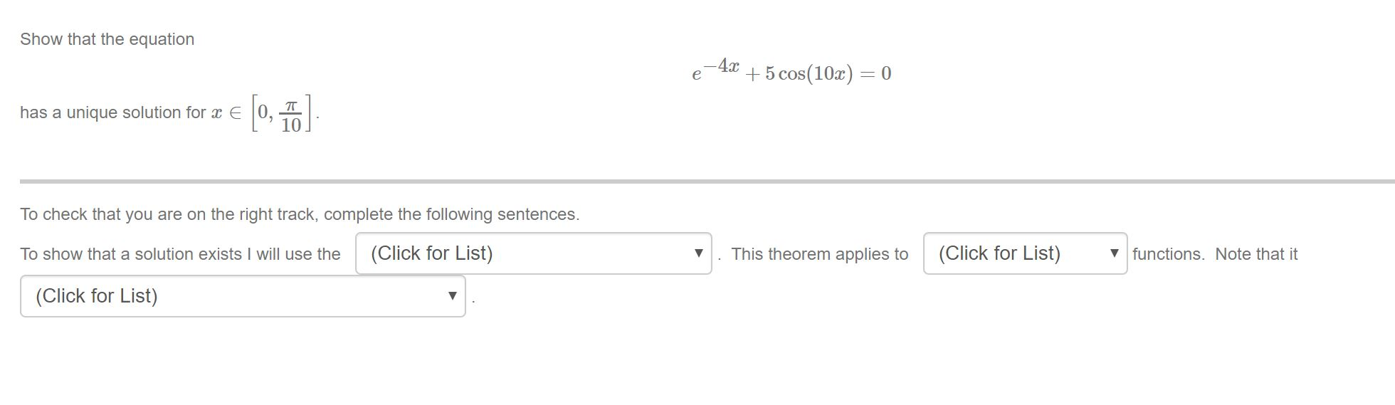 Solved Show that the equation e-4x + 5 cos(10x) = 0 has a | Chegg.com