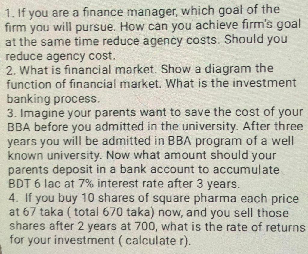 Solved 1. If You Are A Finance Manager, Which Goal Of The | Chegg.com