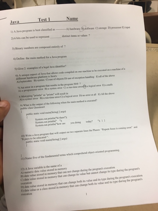 Solved Java Test 1 Name 1) A Java program is best classified | Chegg.com