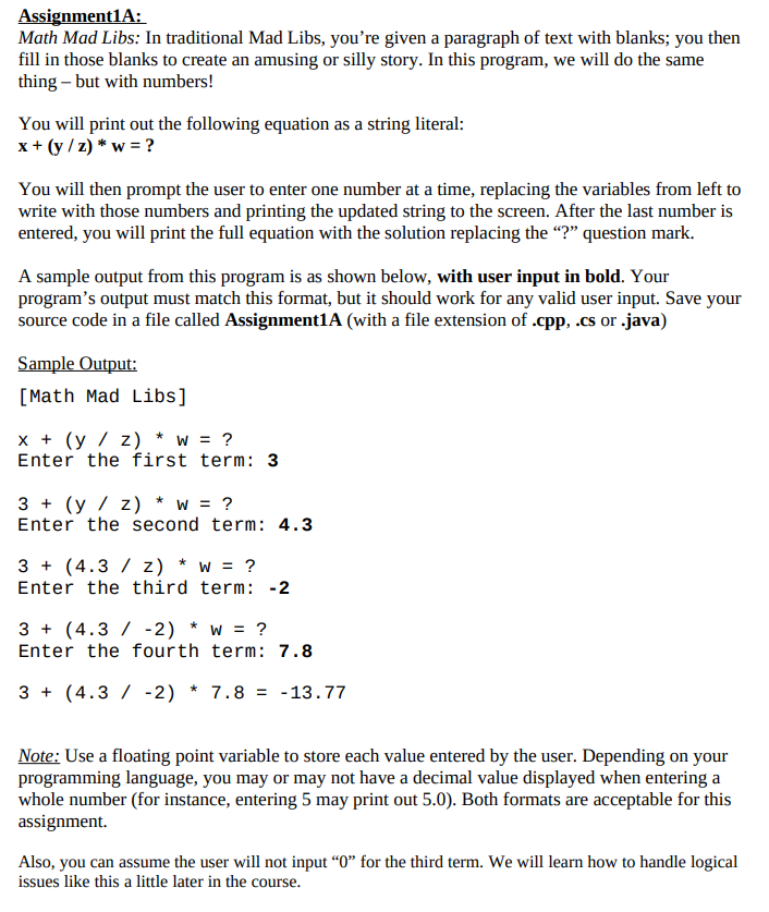 Solved Assignment1A: Math Mad Libs: In traditional Mad Libs, | Chegg.com