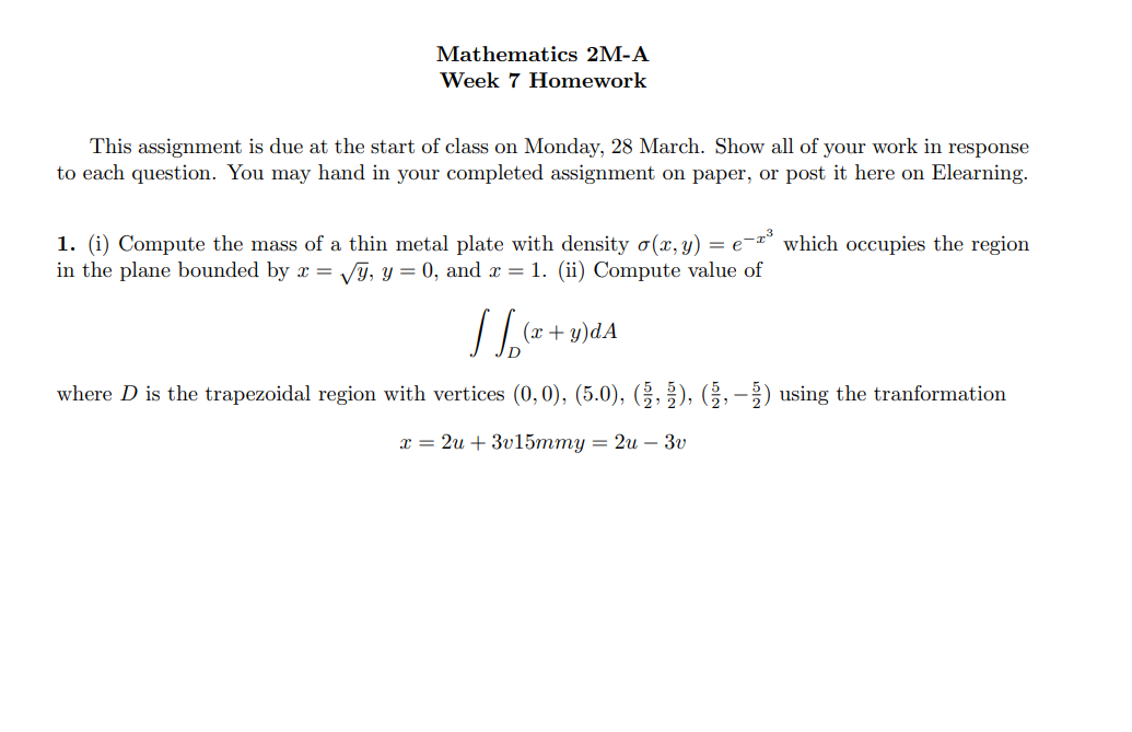 Solved Mathematics 2M-A Week 7 Homework This assignment is | Chegg.com