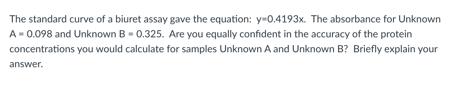 Solved The Standard Curve Of A Biuret Assay Gave The 6604